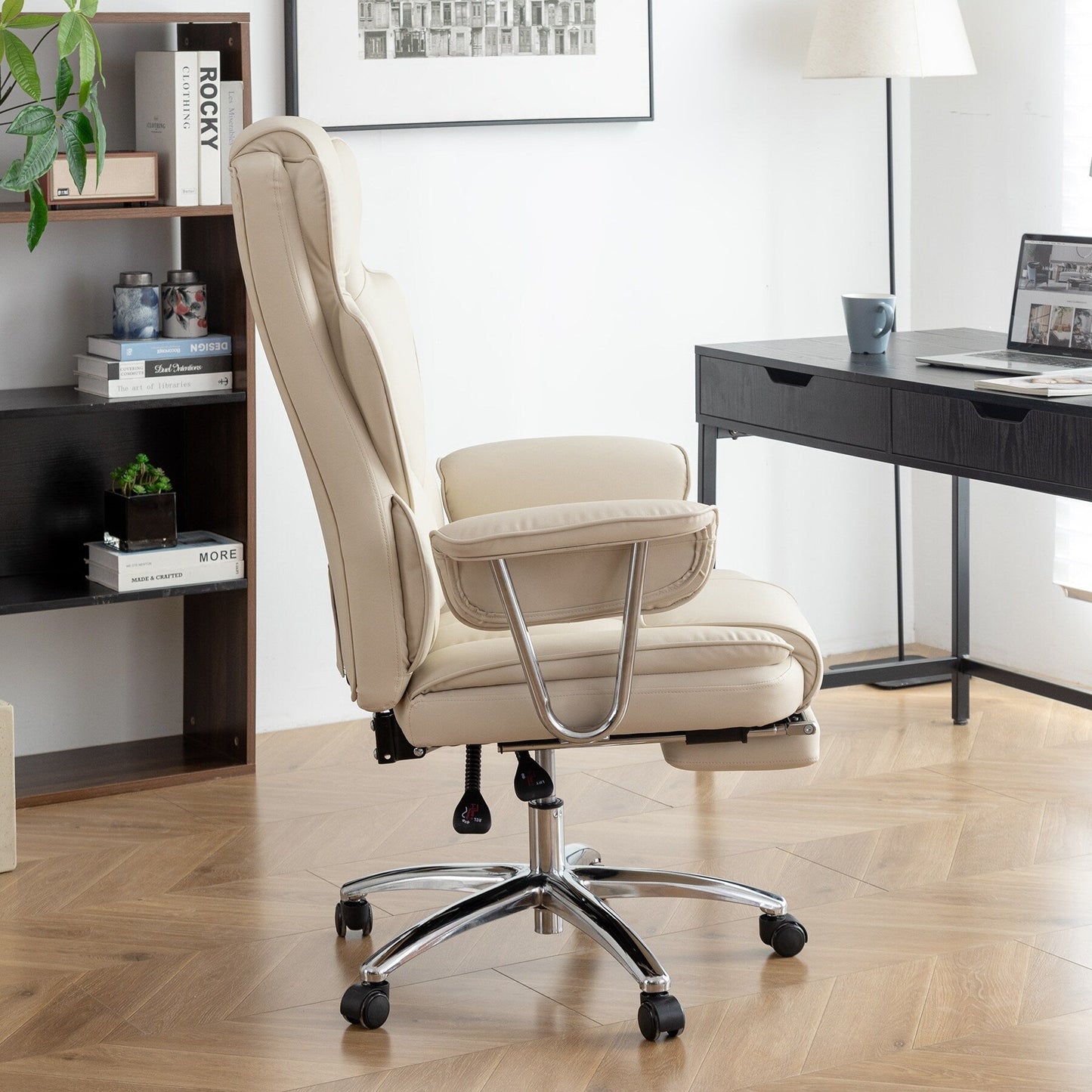 Beige Bonded Leather 360Â° Swivel Ergonomic High Back Office Recliner with Lumbar Support, Footrest, Adjustable Height