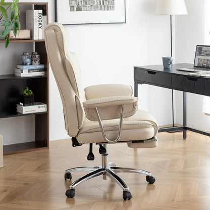 Beige Bonded Leather 360Â° Swivel Ergonomic High Back Office Recliner with Lumbar Support, Footrest, Adjustable Height