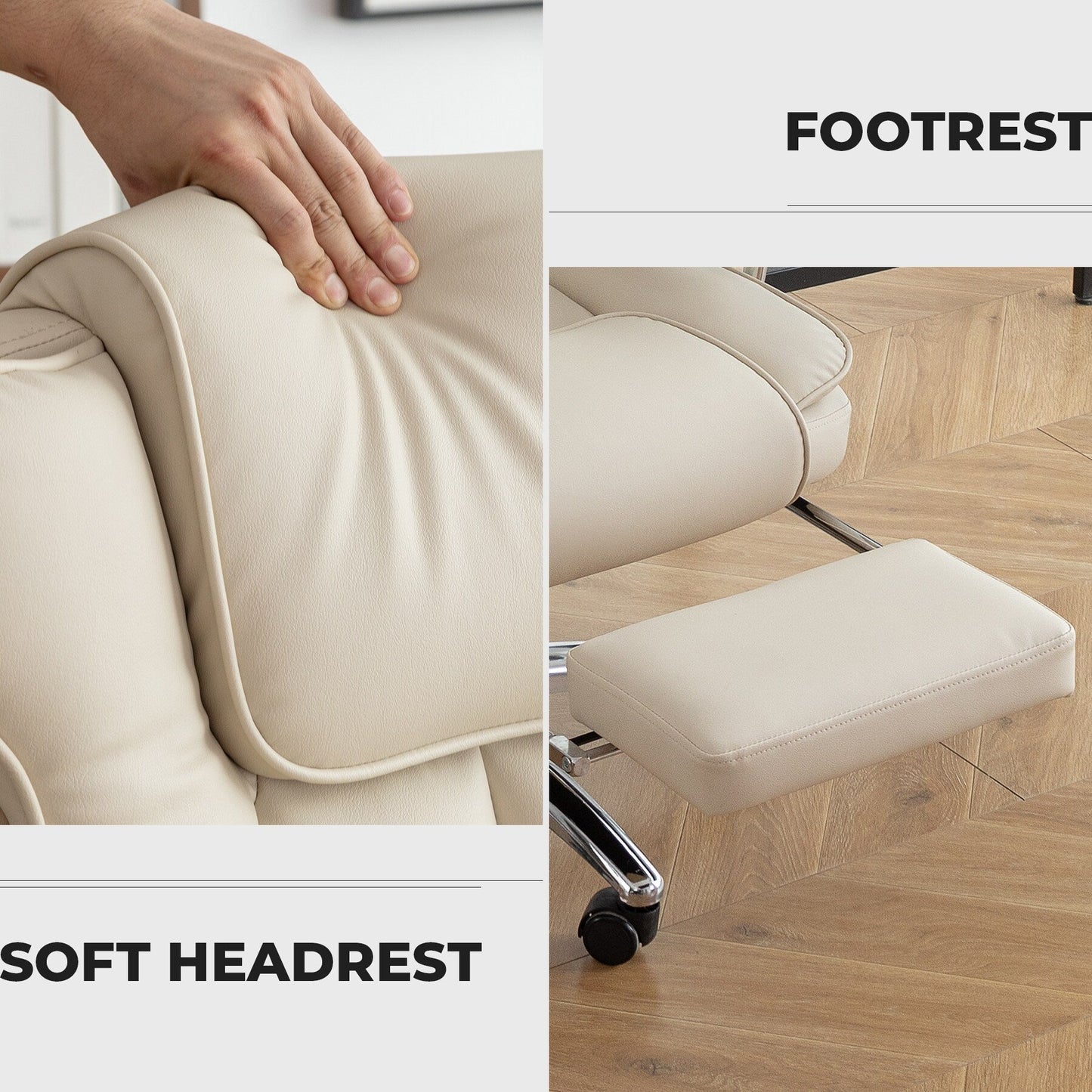 Beige Bonded Leather 360Â° Swivel Ergonomic High Back Office Recliner with Lumbar Support, Footrest, Adjustable Height