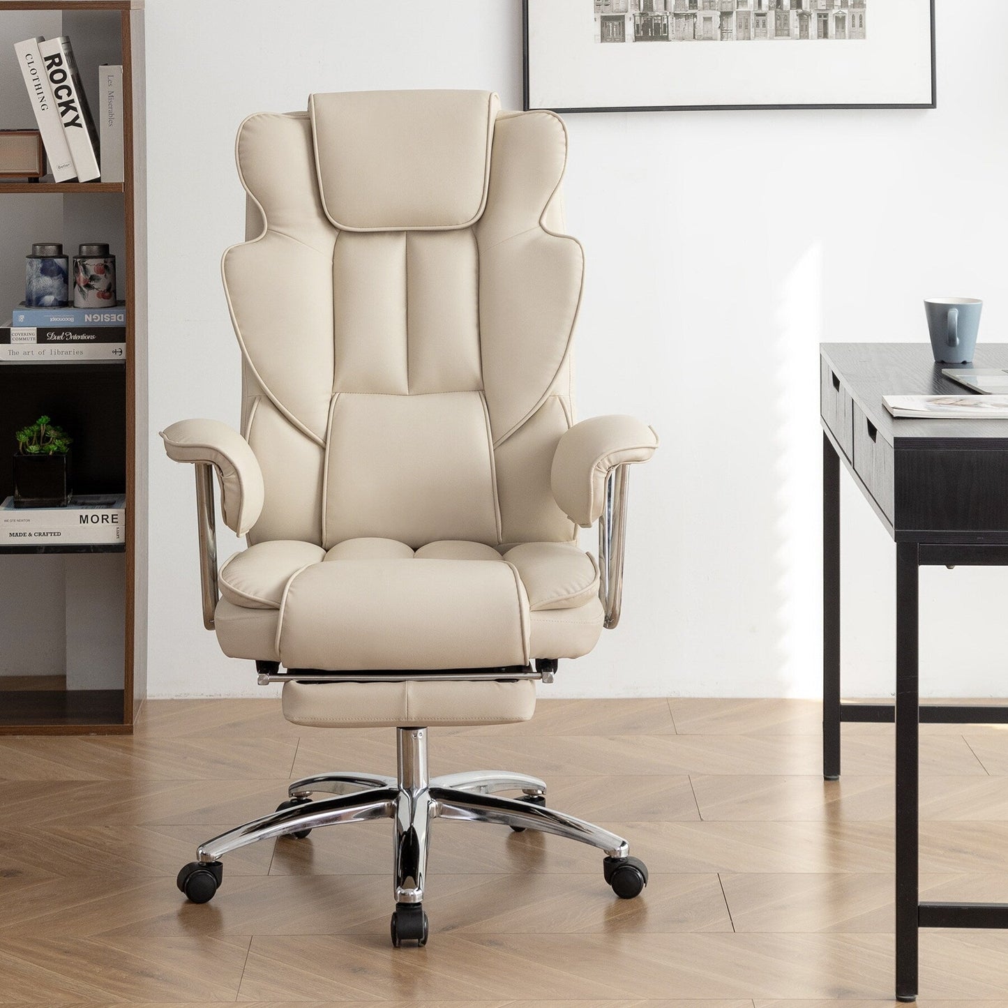 Beige Bonded Leather 360Â° Swivel Ergonomic High Back Office Recliner with Lumbar Support, Footrest, Adjustable Height