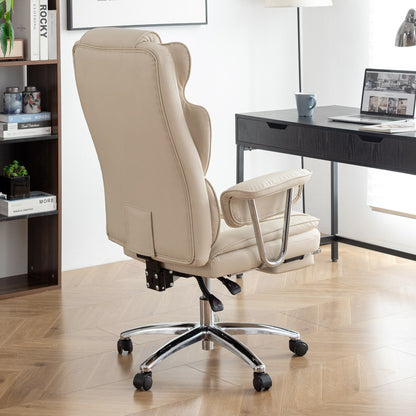 Beige Bonded Leather 360Â° Swivel Ergonomic High Back Office Recliner with Lumbar Support, Footrest, Adjustable Height