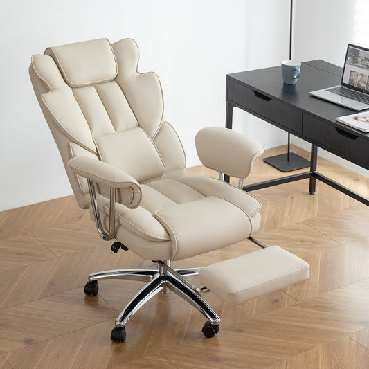 Beige Bonded Leather 360Â° Swivel Ergonomic High Back Office Recliner with Lumbar Support, Footrest, Adjustable Height