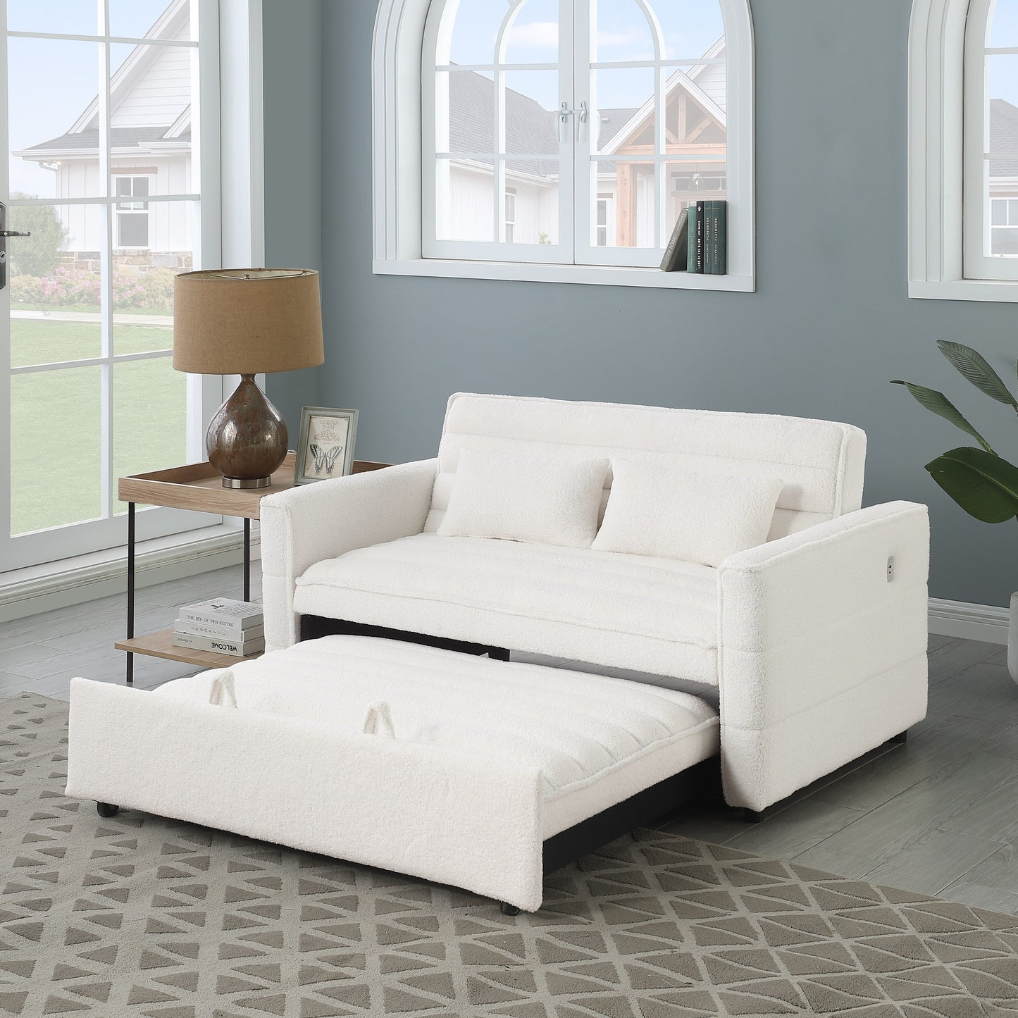 Beige Boucle Loveseat Convertible Pull-Out Sofa Bed