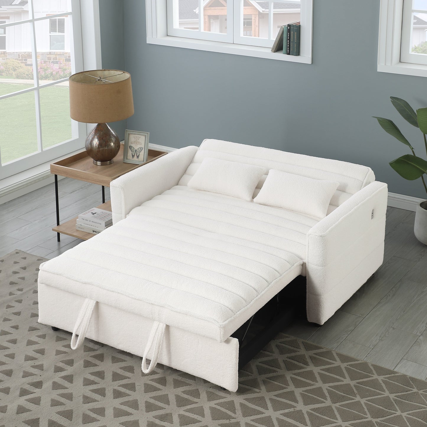 Beige Boucle Loveseat Convertible Pull-Out Sofa Bed