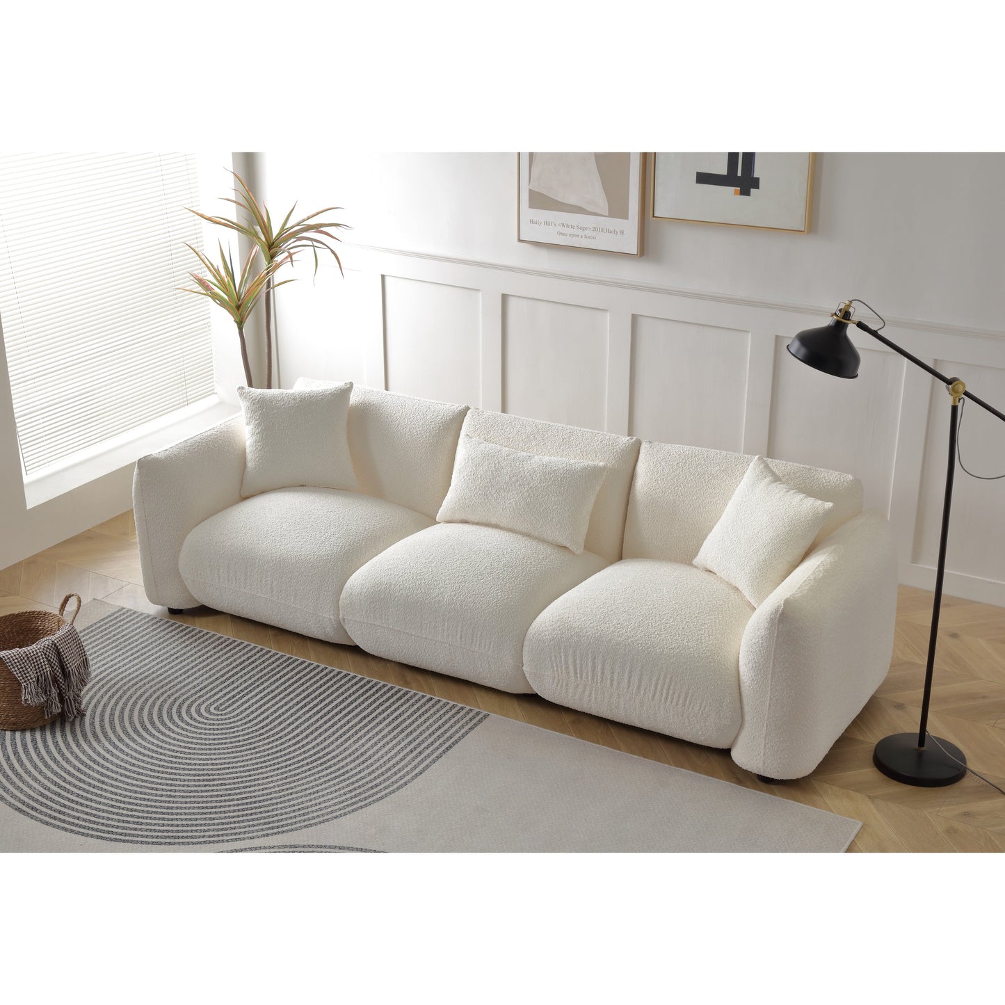 Beige Boucle Upholstered 3-seater Sofa with Pillows