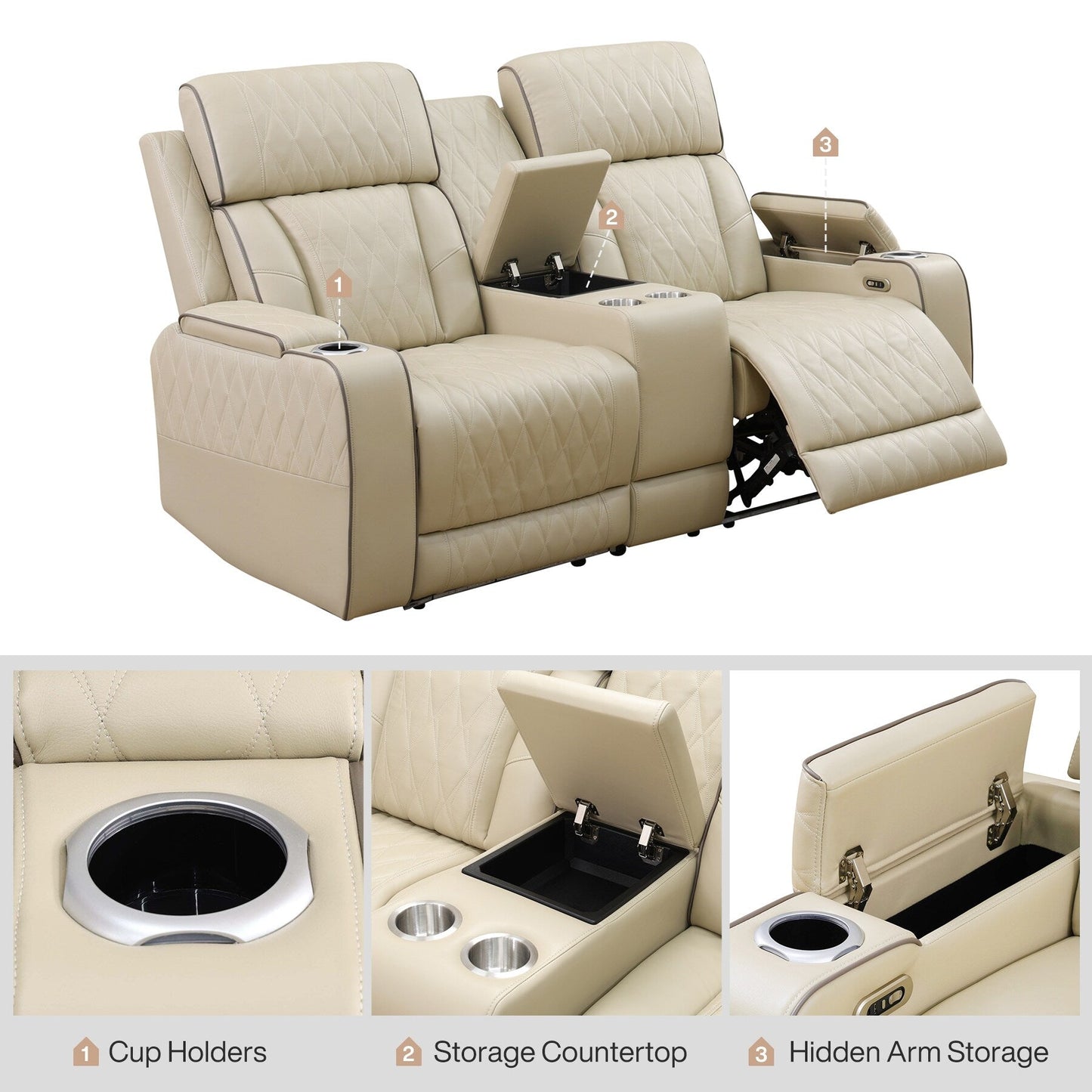 Beige Breathing Leather 3-Piece Living Room Recliner Sofa set