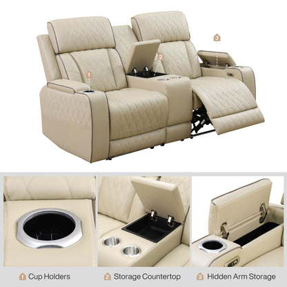 Beige Breathing Leather 3-Piece Living Room Recliner Sofa set