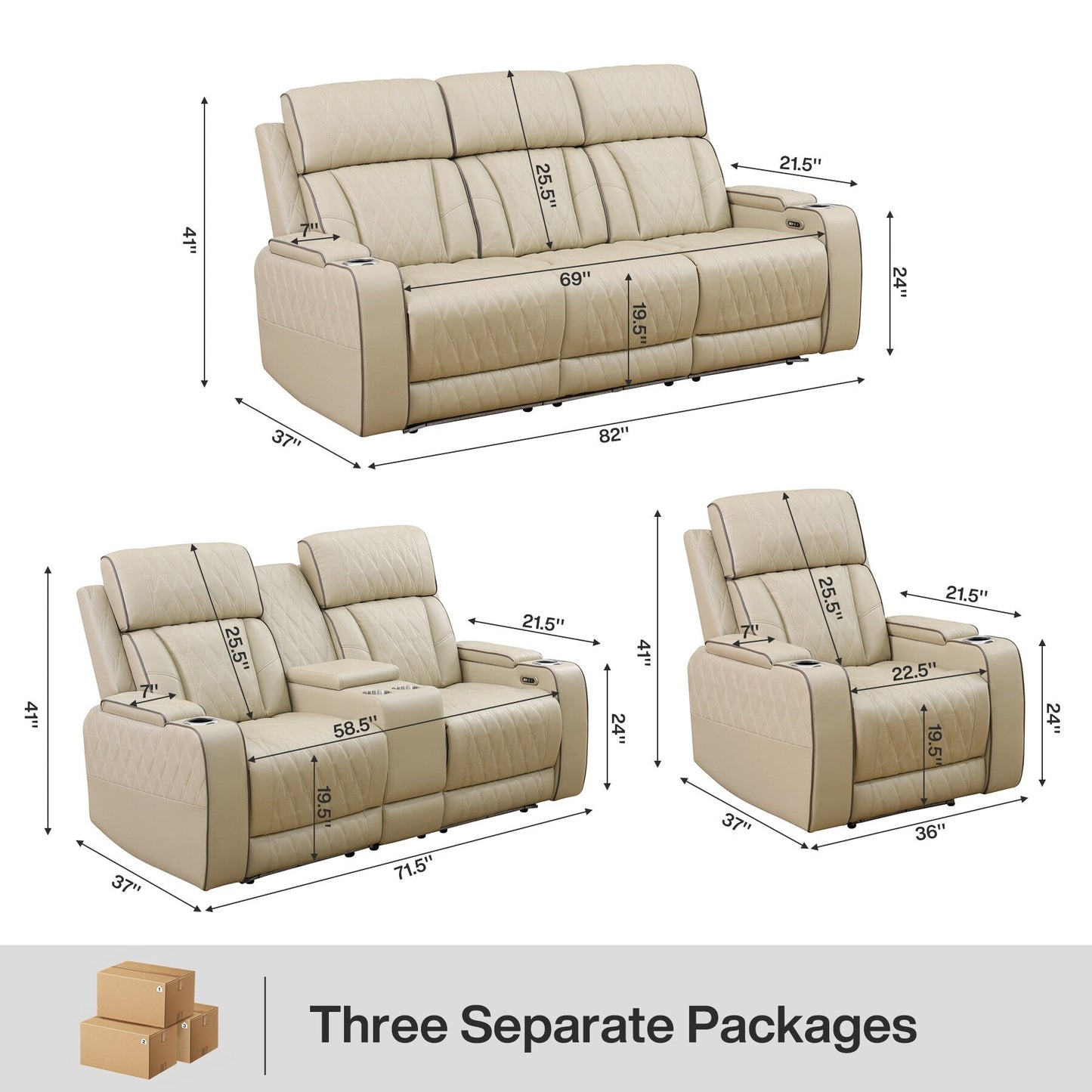 Beige Breathing Leather 3-Piece Living Room Recliner Sofa set