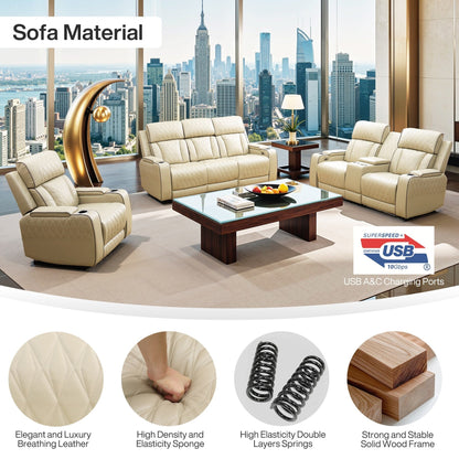 Beige Breathing Leather 3-Piece Living Room Recliner Sofa set