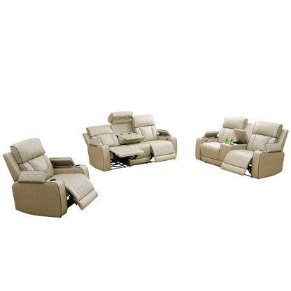 Beige Breathing Leather 3-Piece Living Room Recliner Sofa set