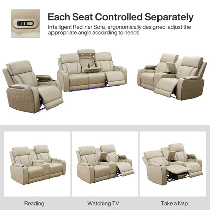 Beige Breathing Leather 3-Piece Living Room Recliner Sofa set