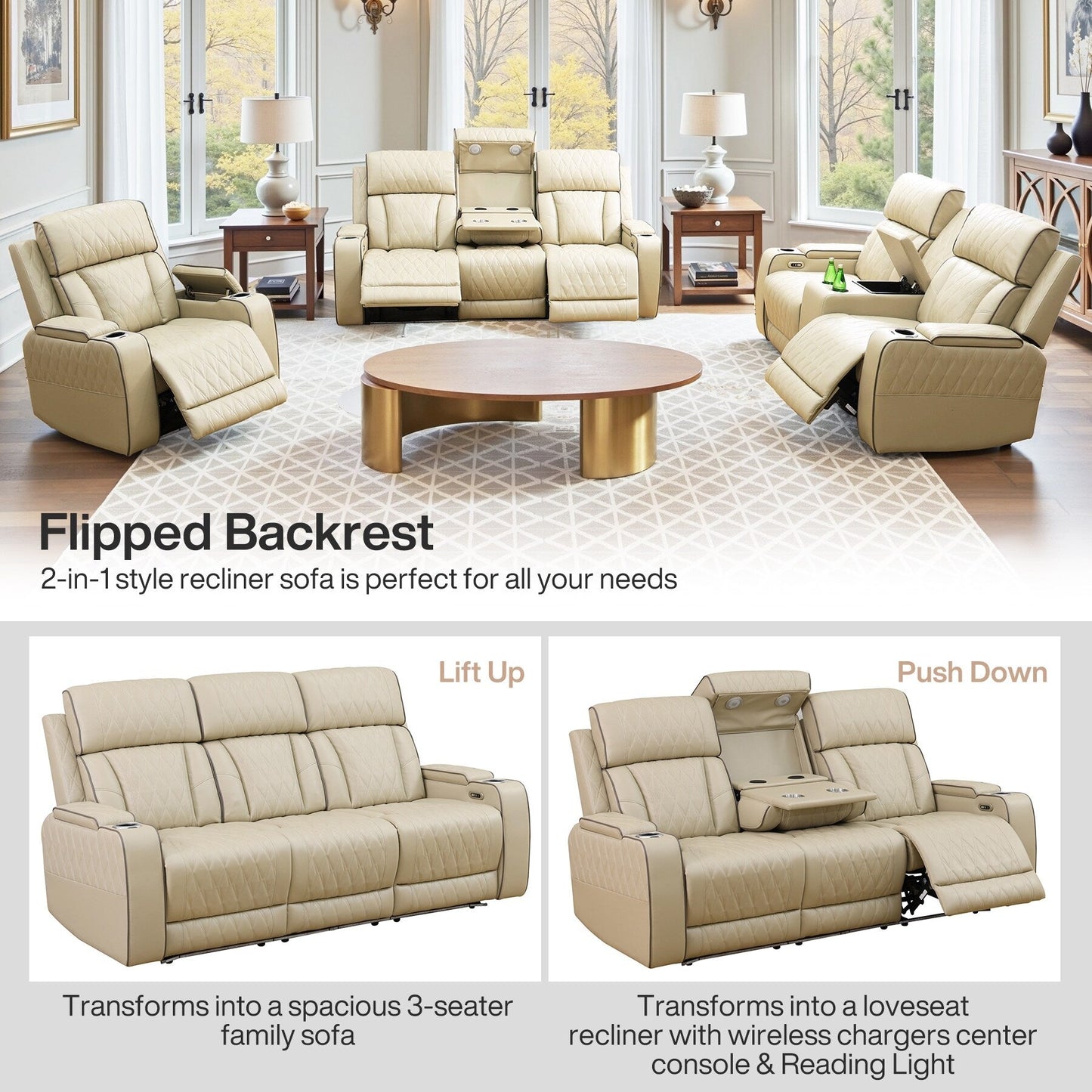 Beige Breathing Leather 3-Piece Living Room Recliner Sofa set