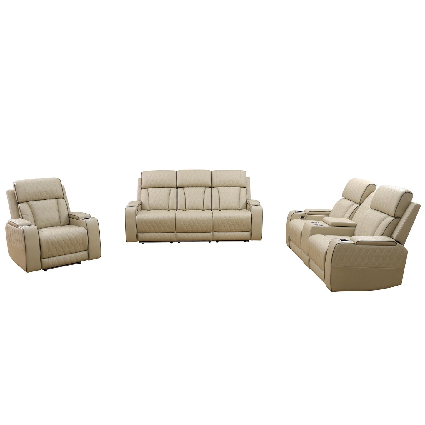 Beige Breathing Leather 3-Piece Living Room Recliner Sofa set