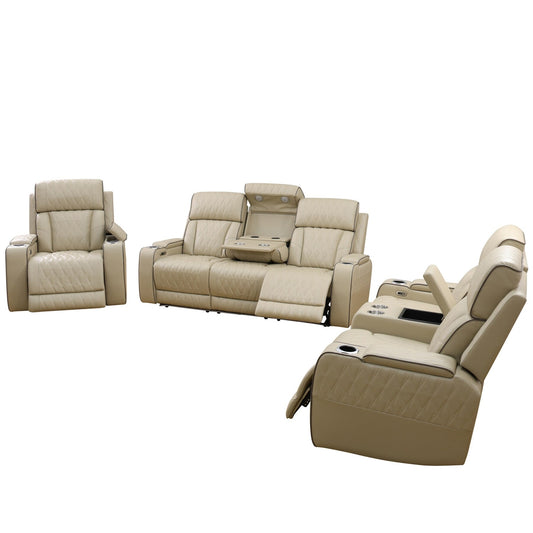 Beige Breathing Leather 3-Piece Living Room Recliner Sofa set