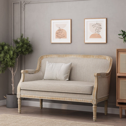 Beige Brown 49.75 Wood Loveseat Sofa with Rubbey Wood Frame and Wood Legs for Living Room