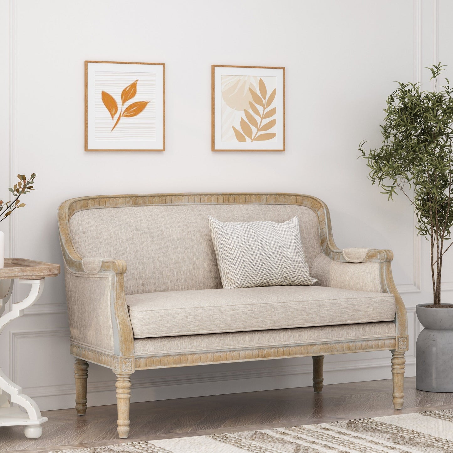 Beige Brown 49.75 Wood Loveseat Sofa with Rubbey Wood Frame and Wood Legs for Living Room