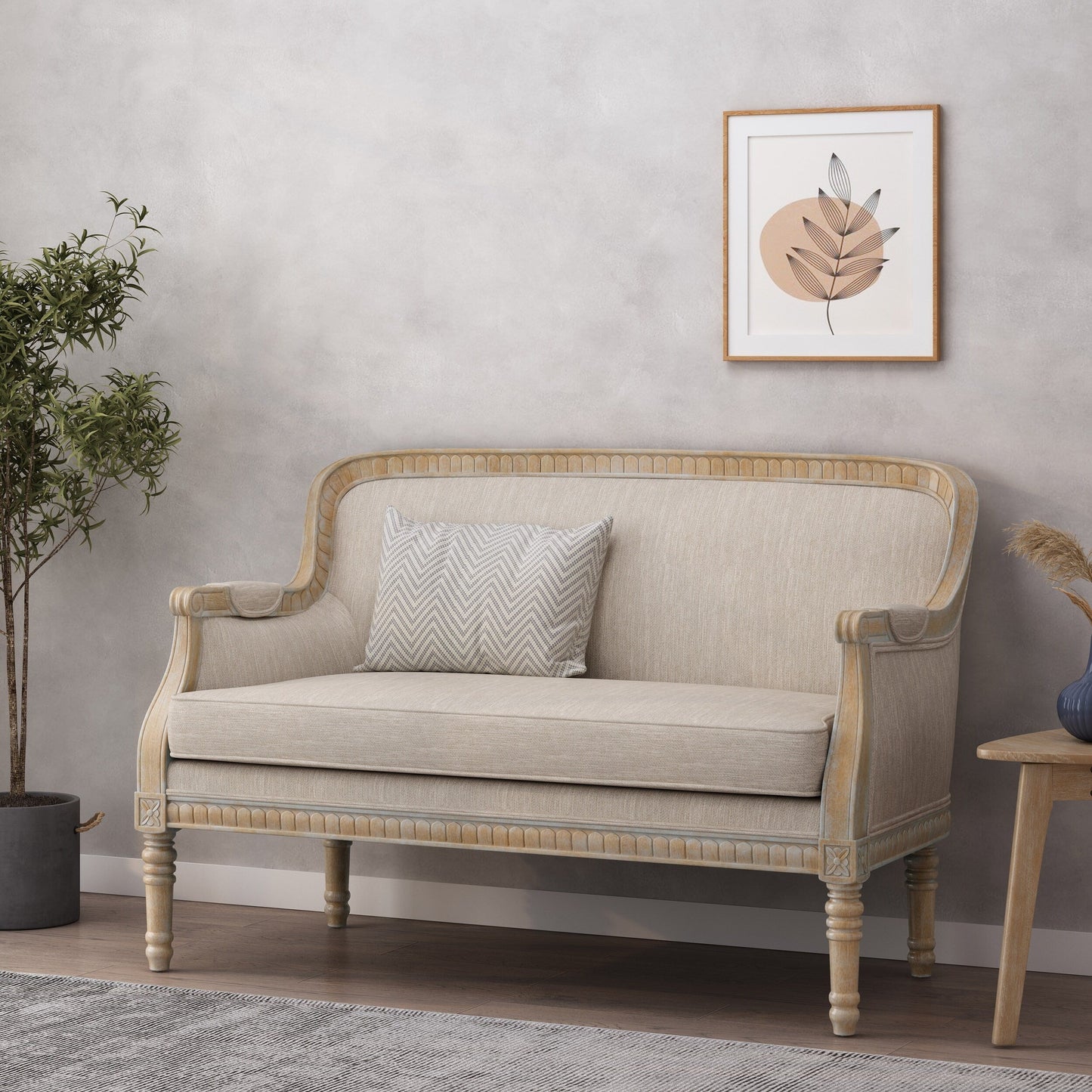 Beige Brown 49.75 Wood Loveseat Sofa with Rubbey Wood Frame and Wood Legs for Living Room