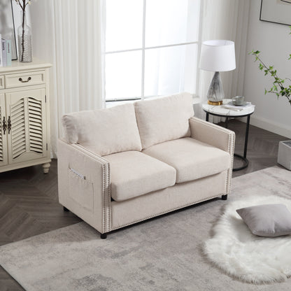 Beige Chenille Loveseat Sofa with Pocket and Nailheads