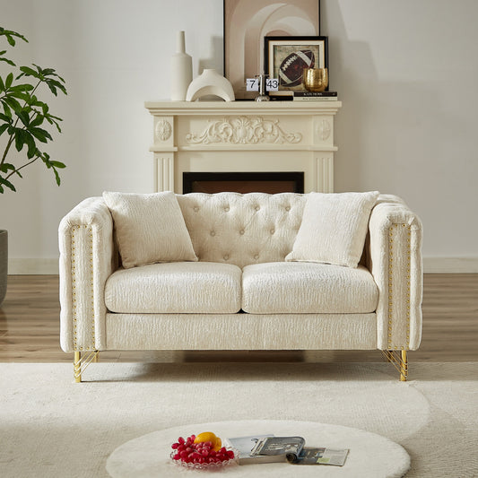 Beige Chenille Tufted Upholstered Loveseat Sofa with Metal Legs