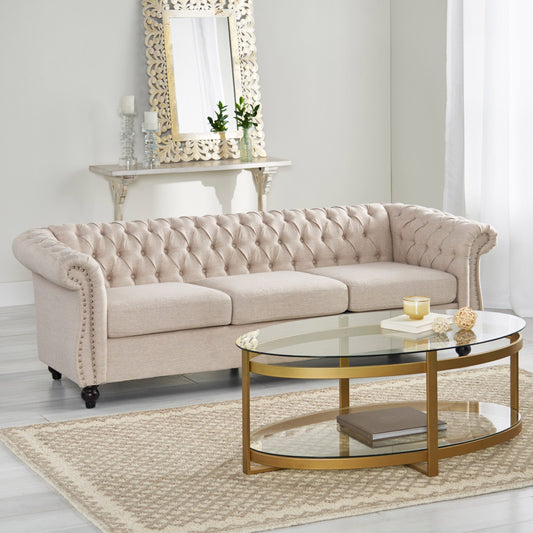 Beige Chesterfield 84.75 Button Tufted Upholstered 3-seater Sofa with Nailheads and Wood Legs