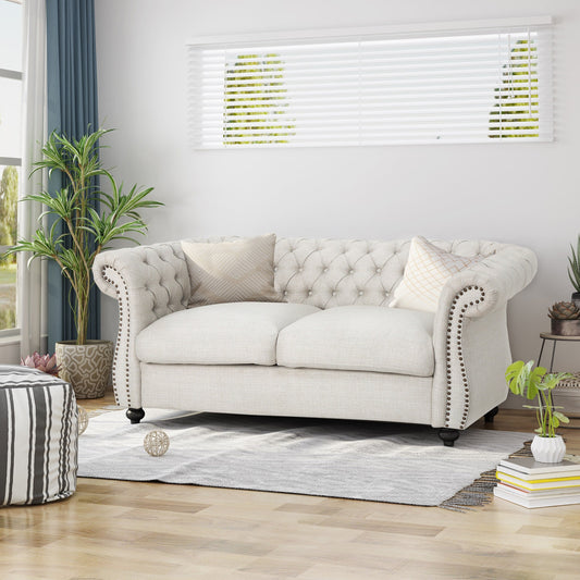 Beige Chesterfield Loveseat Button Tufted Sofa with Nailheads