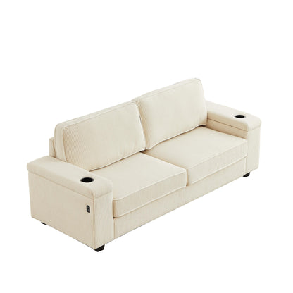 Beige Corduroy 3-seater Sofa with USB Ports and Cup Holders