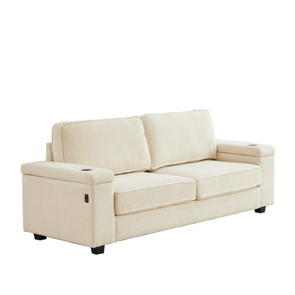 Beige Corduroy 3-seater Sofa with USB Ports and Cup Holders