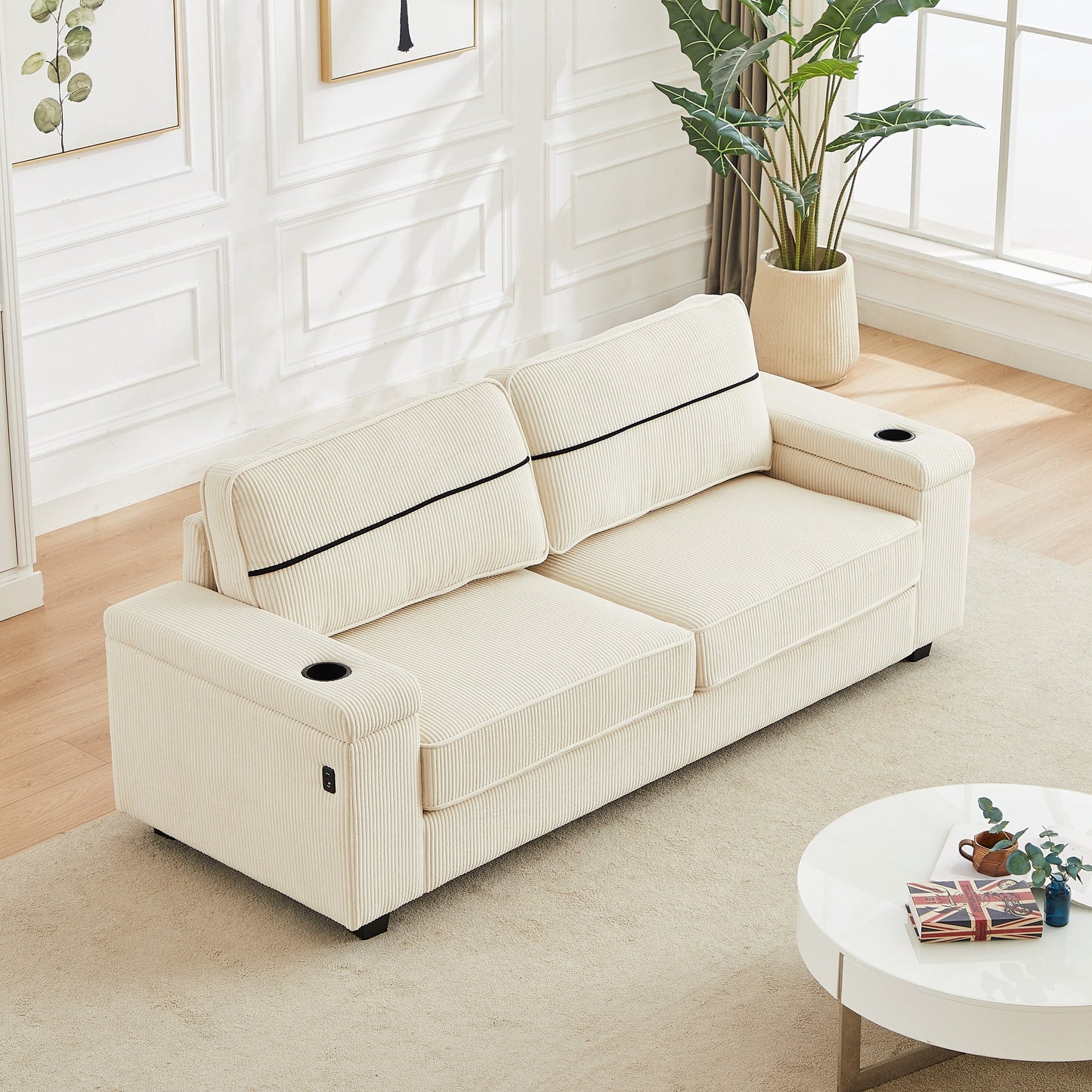 Beige Corduroy 3-seater Sofa with USB Ports and Cup Holders