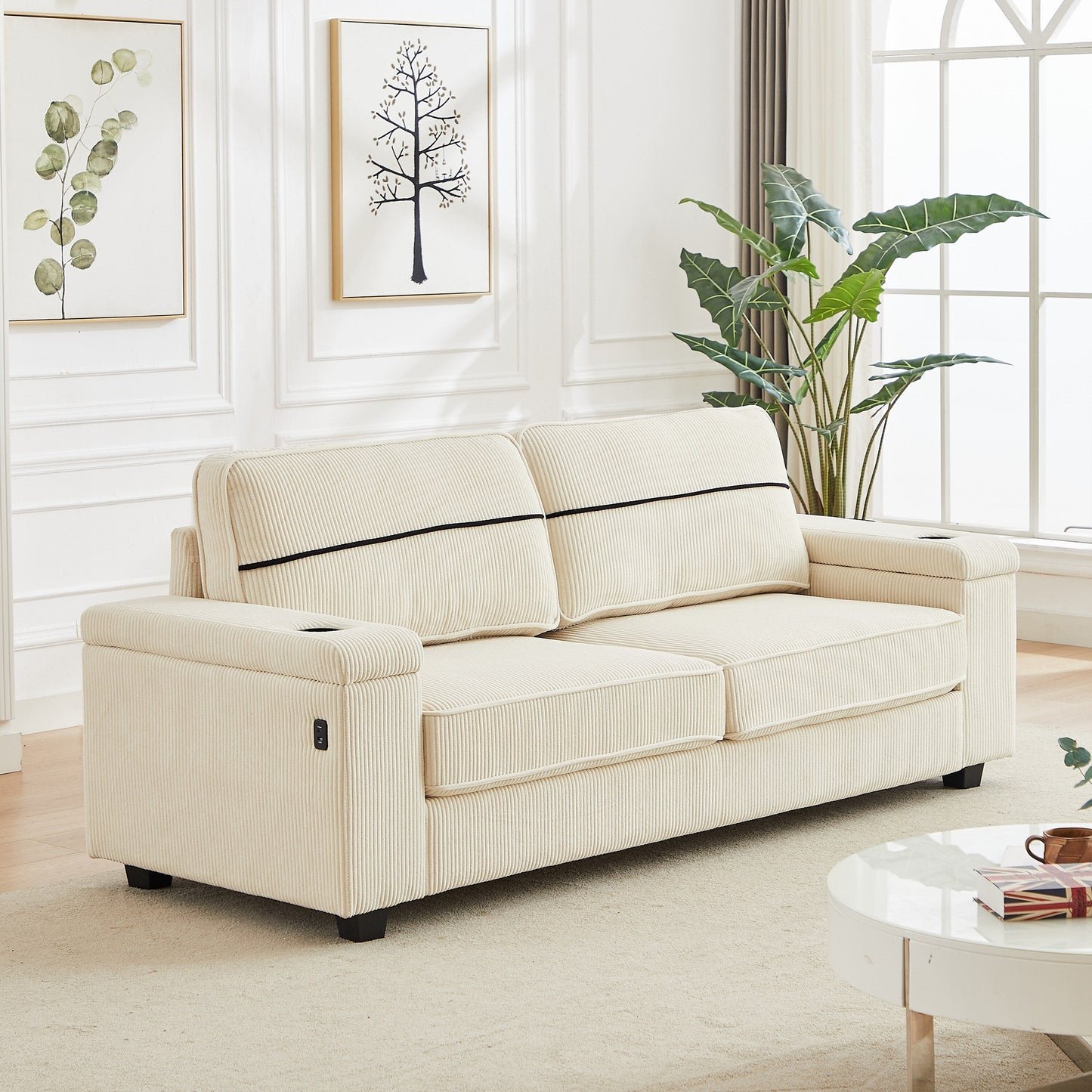 Beige Corduroy 3-seater Sofa with USB Ports and Cup Holders