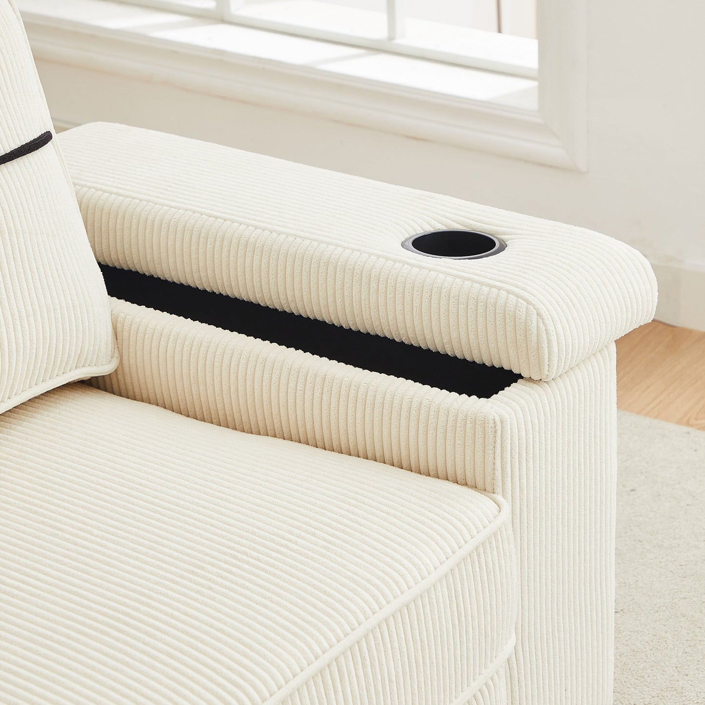 Beige Corduroy 3-seater Sofa with USB Ports and Cup Holders