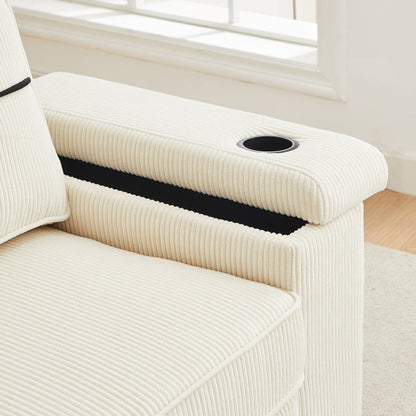 Beige Corduroy 3-seater Sofa with USB Ports and Cup Holders