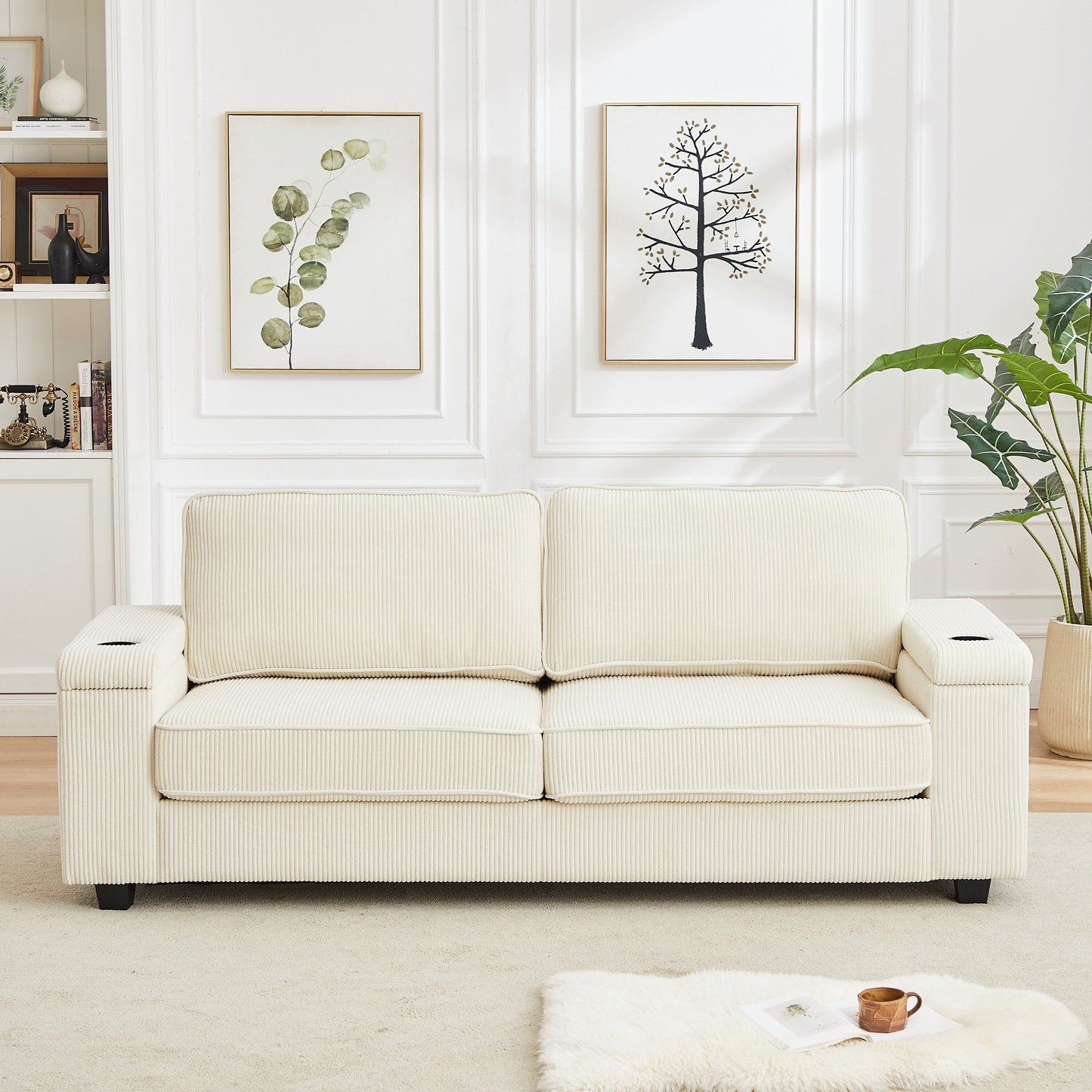 Beige Corduroy 3-seater Sofa with USB Ports and Cup Holders