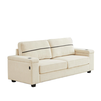 Beige Corduroy 3-seater Sofa with USB Ports and Cup Holders