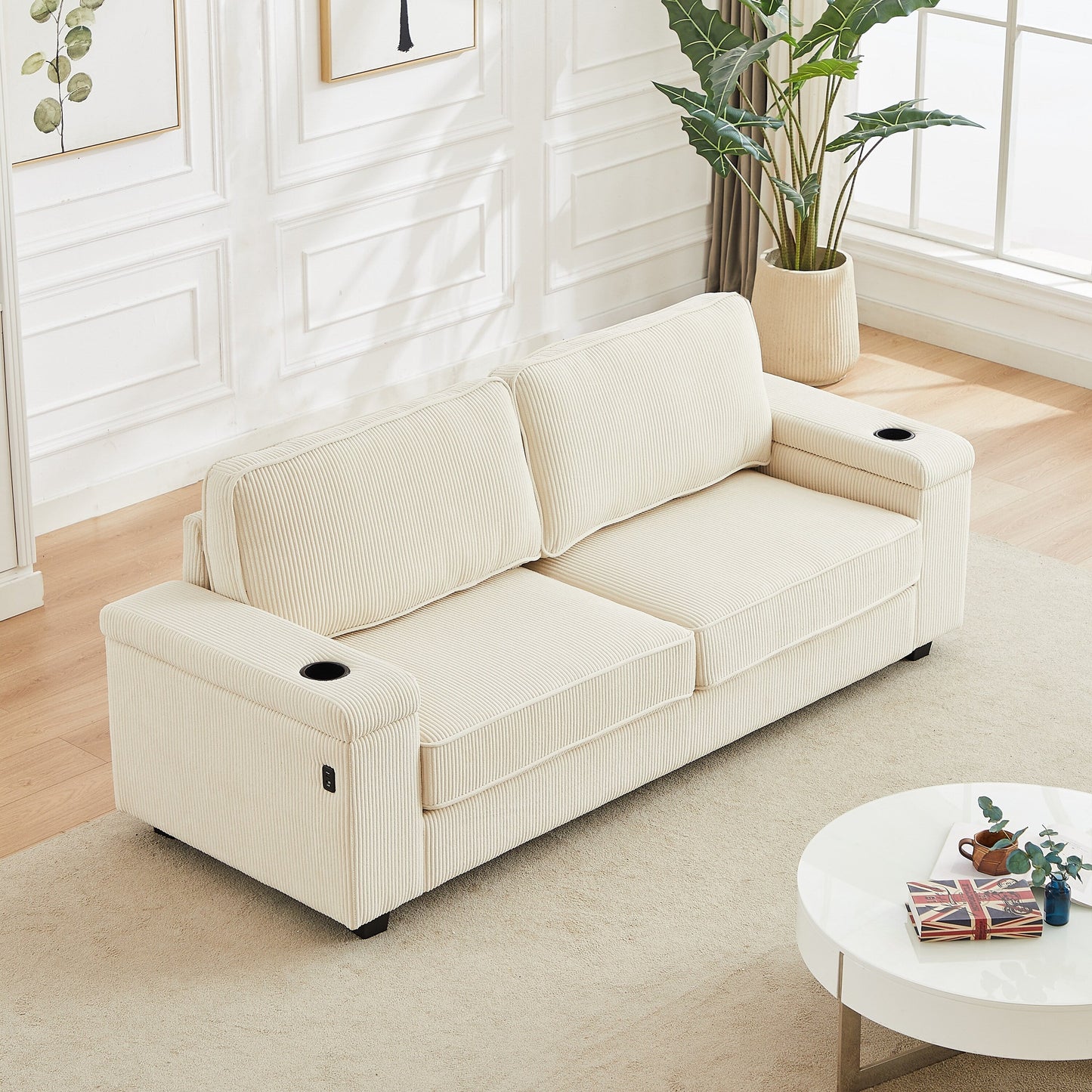 Beige Corduroy 3-seater Sofa with USB Ports and Cup Holders