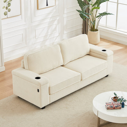 Beige Corduroy 3-seater Sofa with USB Ports and Cup Holders