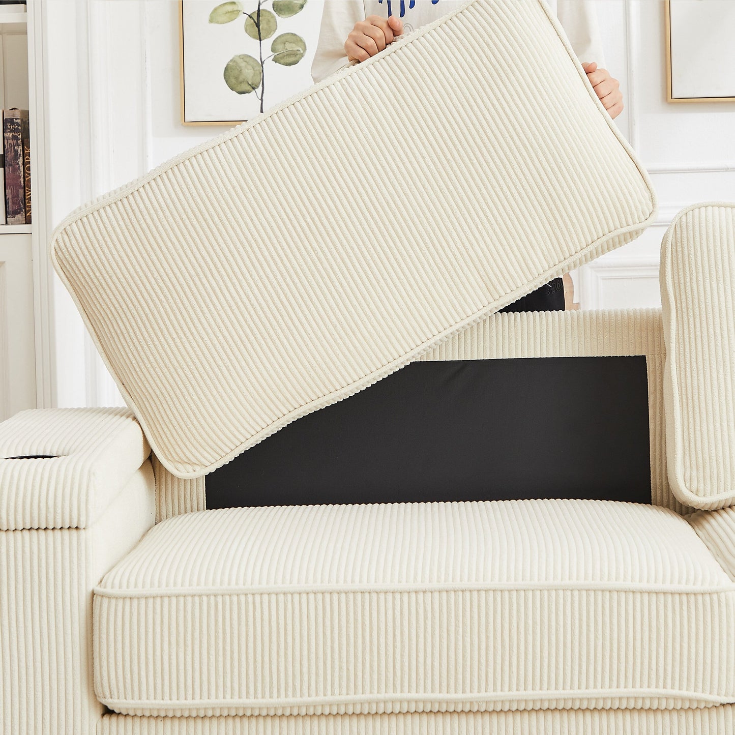 Beige Corduroy 3-seater Sofa with USB Ports and Cup Holders