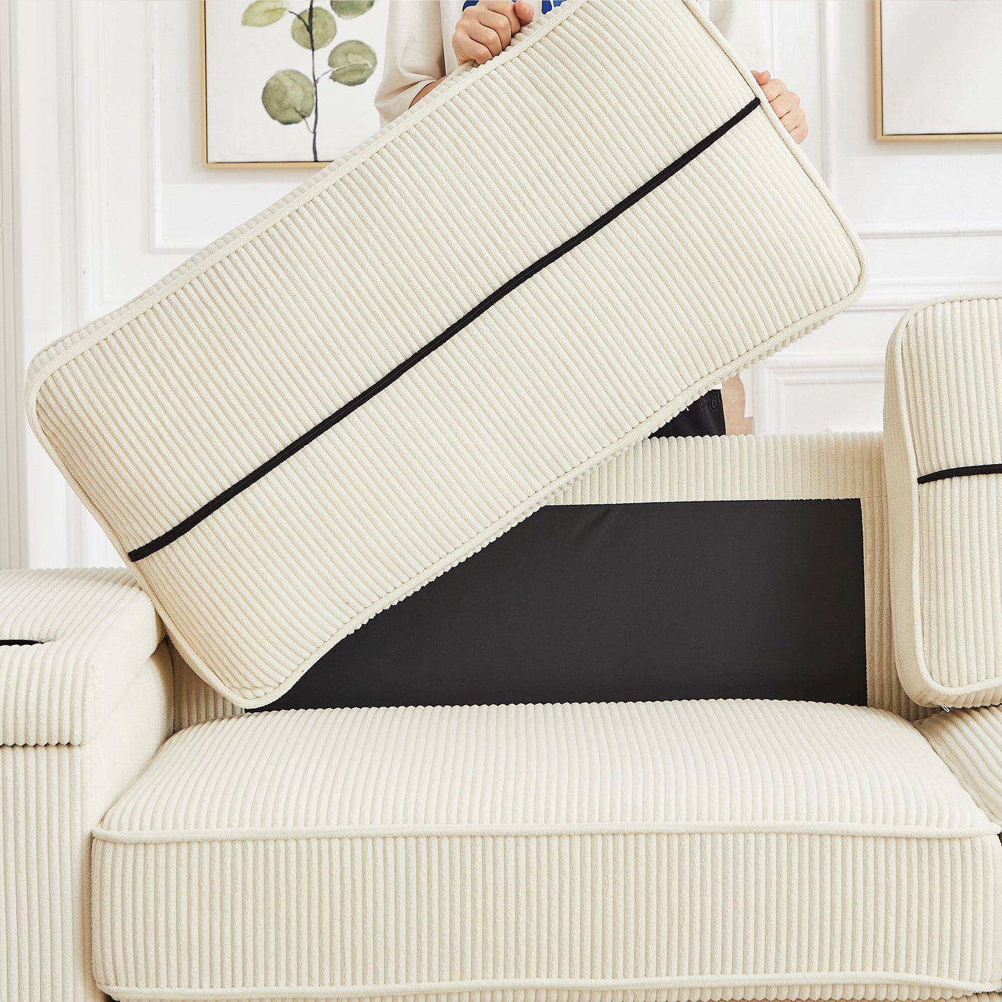 Beige Corduroy 3-seater Sofa with USB Ports and Cup Holders