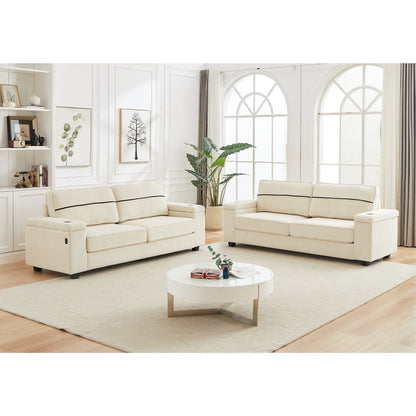 Beige Corduroy 3-seater Sofa with USB Ports and Cup Holders
