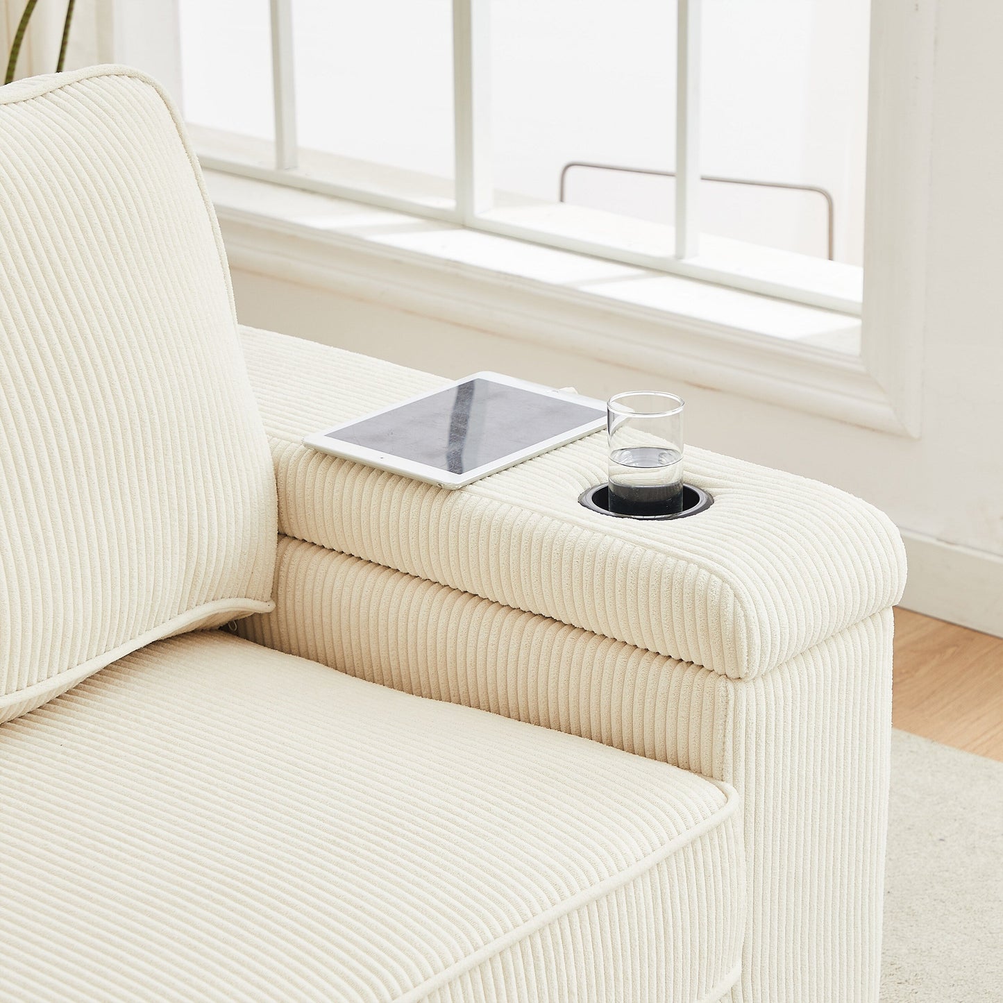 Beige Corduroy 3-seater Sofa with USB Ports and Cup Holders