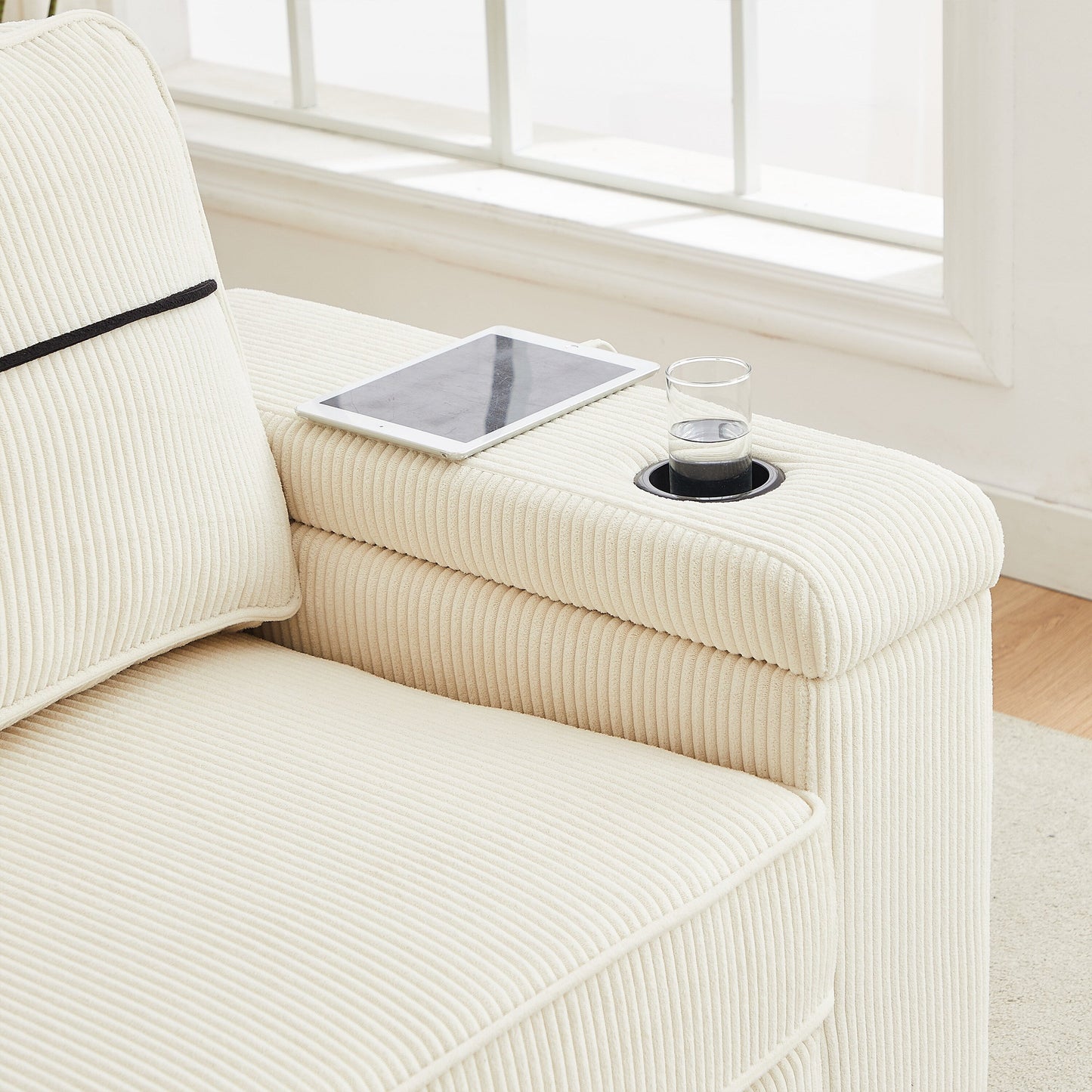 Beige Corduroy 3-seater Sofa with USB Ports and Cup Holders