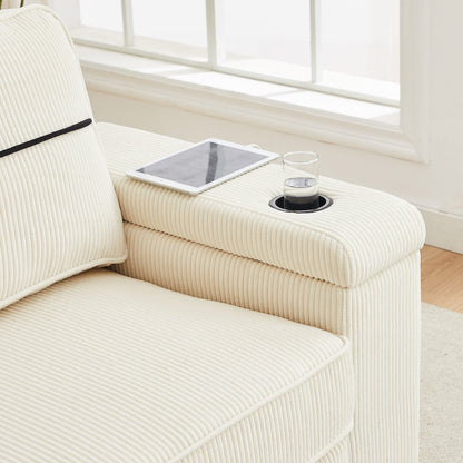 Beige Corduroy 3-seater Sofa with USB Ports and Cup Holders