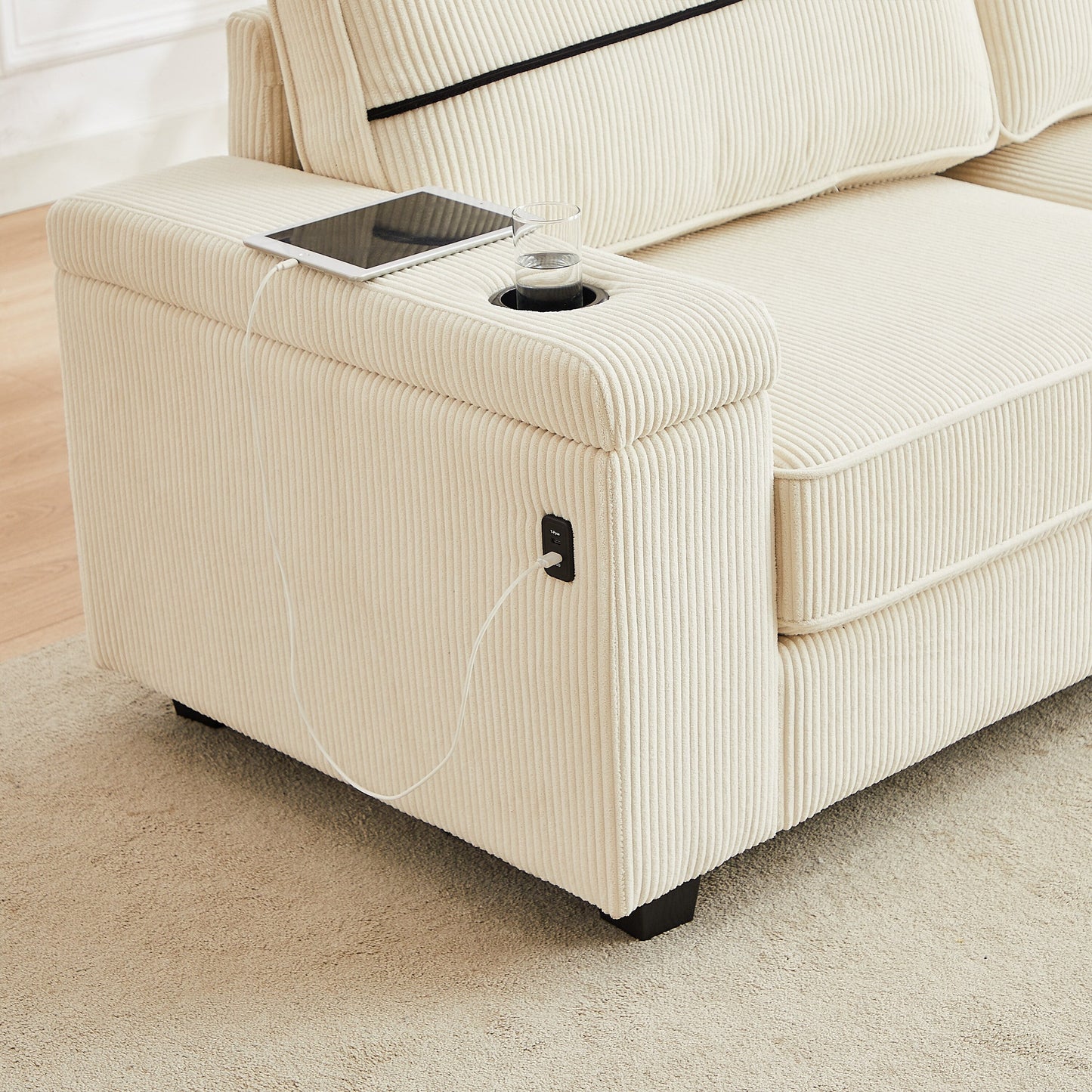 Beige Corduroy 3-seater Sofa with USB Ports and Cup Holders