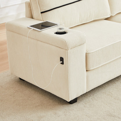 Beige Corduroy 3-seater Sofa with USB Ports and Cup Holders