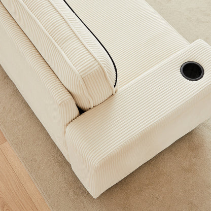 Beige Corduroy 3-seater Sofa with USB Ports and Cup Holders