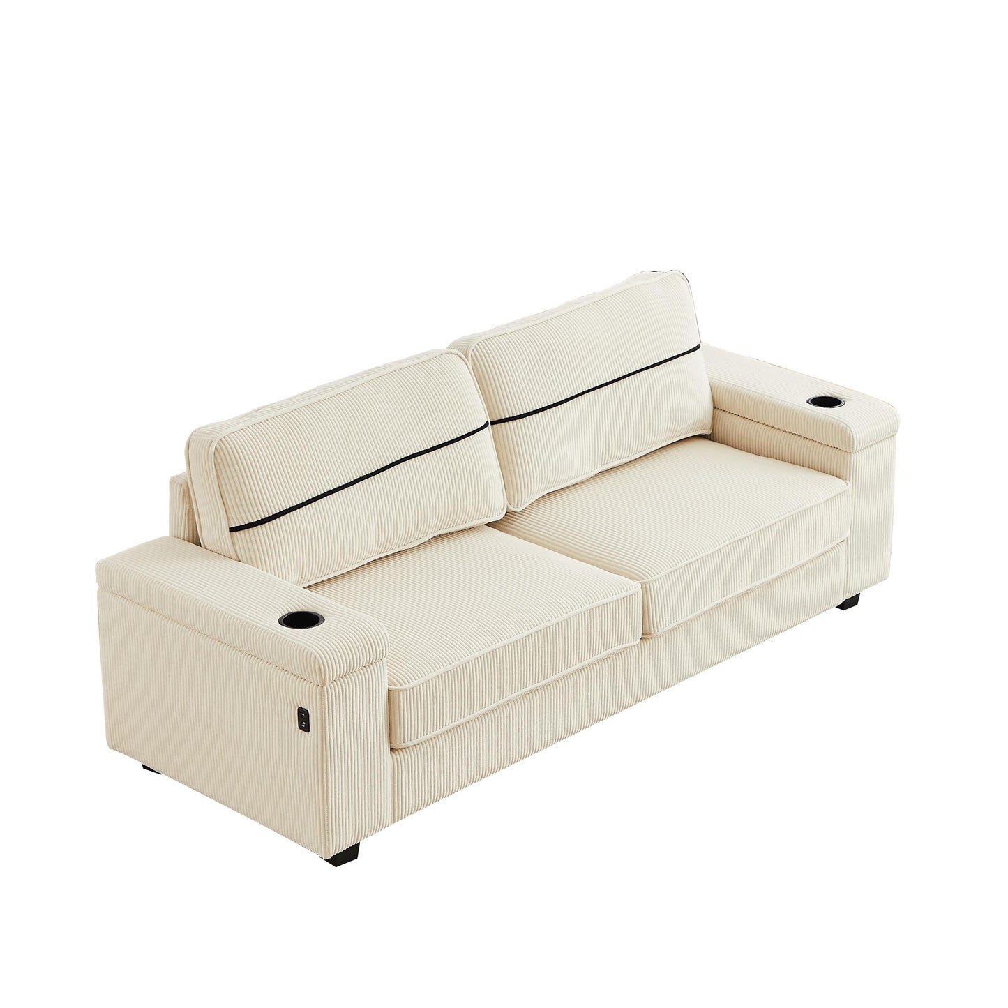 Beige Corduroy 3-seater Sofa with USB Ports and Cup Holders