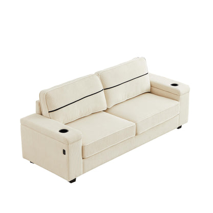 Beige Corduroy 3-seater Sofa with USB Ports and Cup Holders