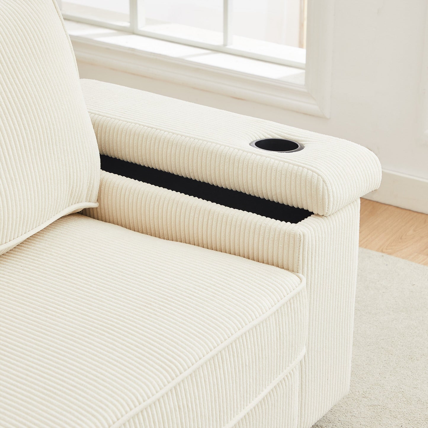 Beige Corduroy 3-seater Sofa with USB Ports and Cup Holders