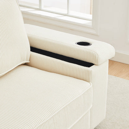 Beige Corduroy 3-seater Sofa with USB Ports and Cup Holders