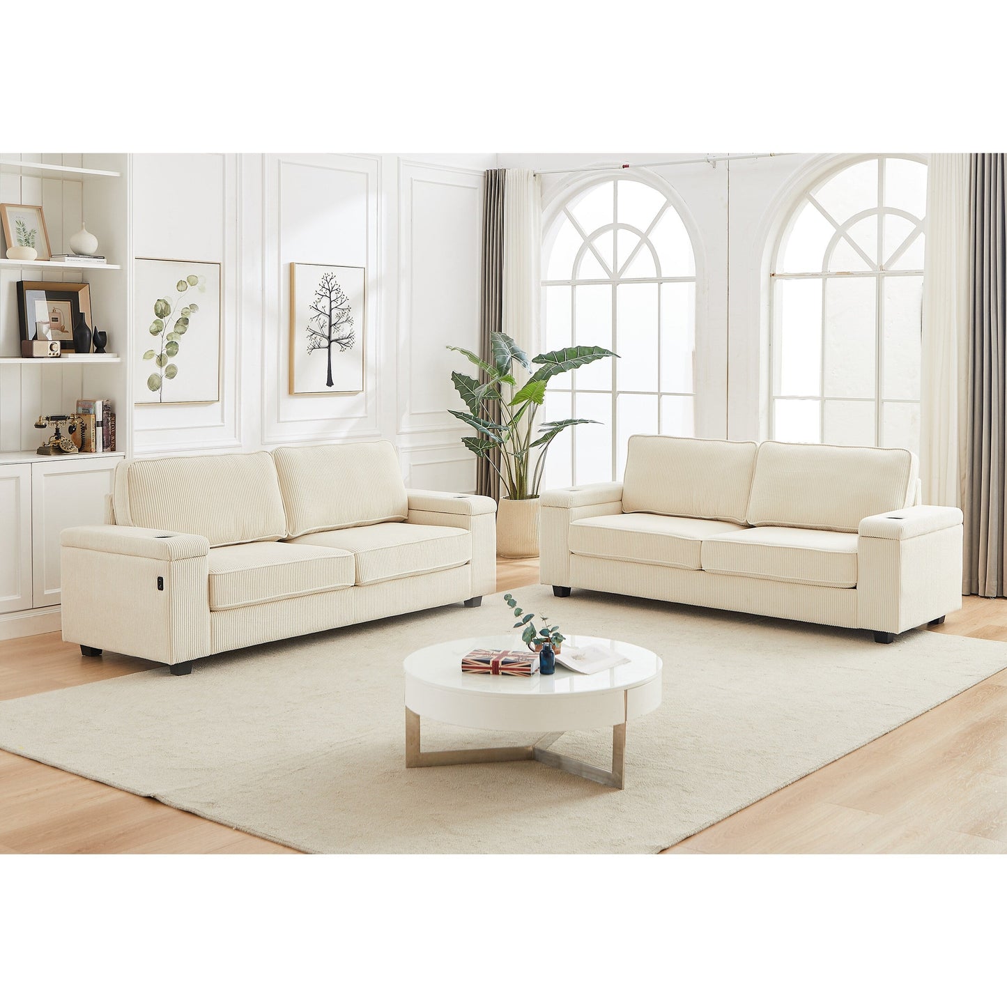 Beige Corduroy 3-seater Sofa with USB Ports and Cup Holders