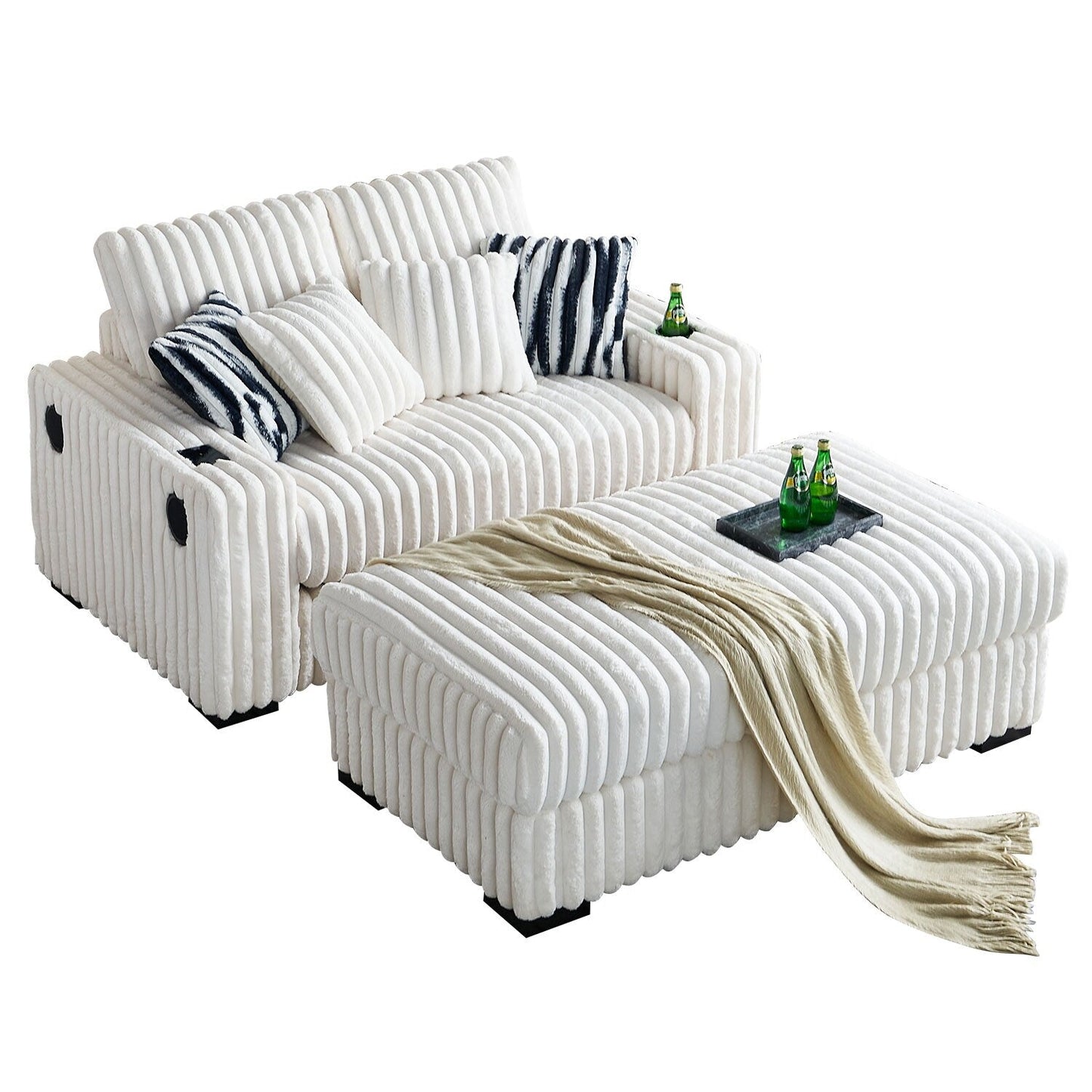 Beige Corduroy Loveseat Sofa with Ottoman and Bluetooth Speaker